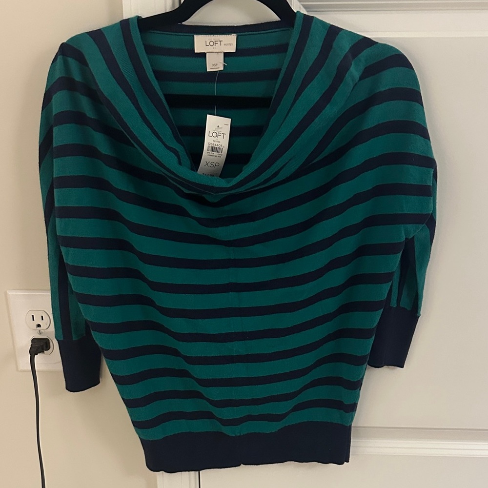 LOFT Green and Navy Striped Cowl Neck Sweater